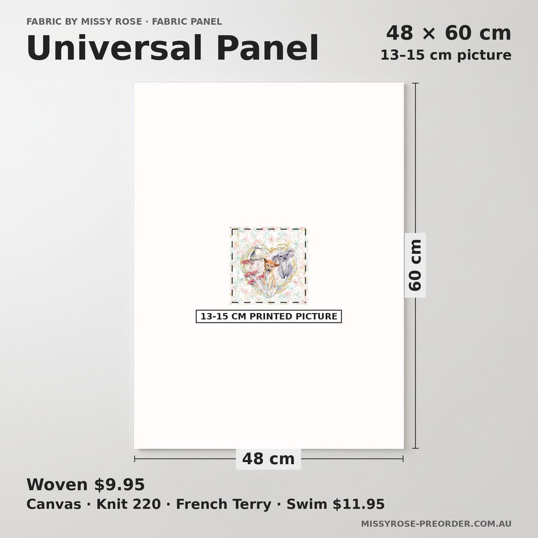 Design 990 Australian Floral Panel universal panel sizing – 13–15 cm printed picture on 48 × 60 cm fabric | Fabric by Missy Rose