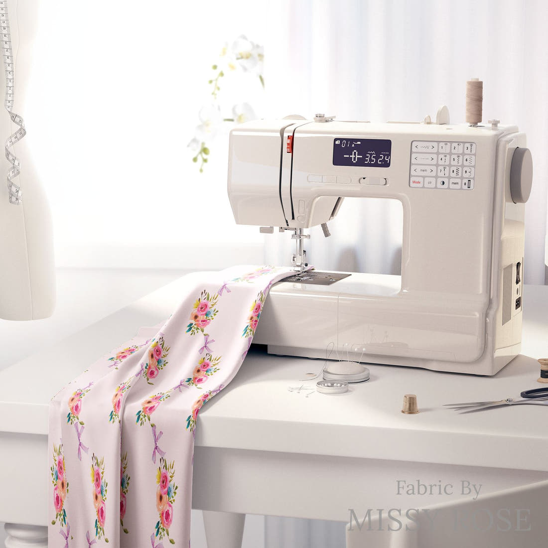 Design 991 Pink Floral Fabric on a sewing machine – premium fabric for sewing projects | Fabric by Missy Rose