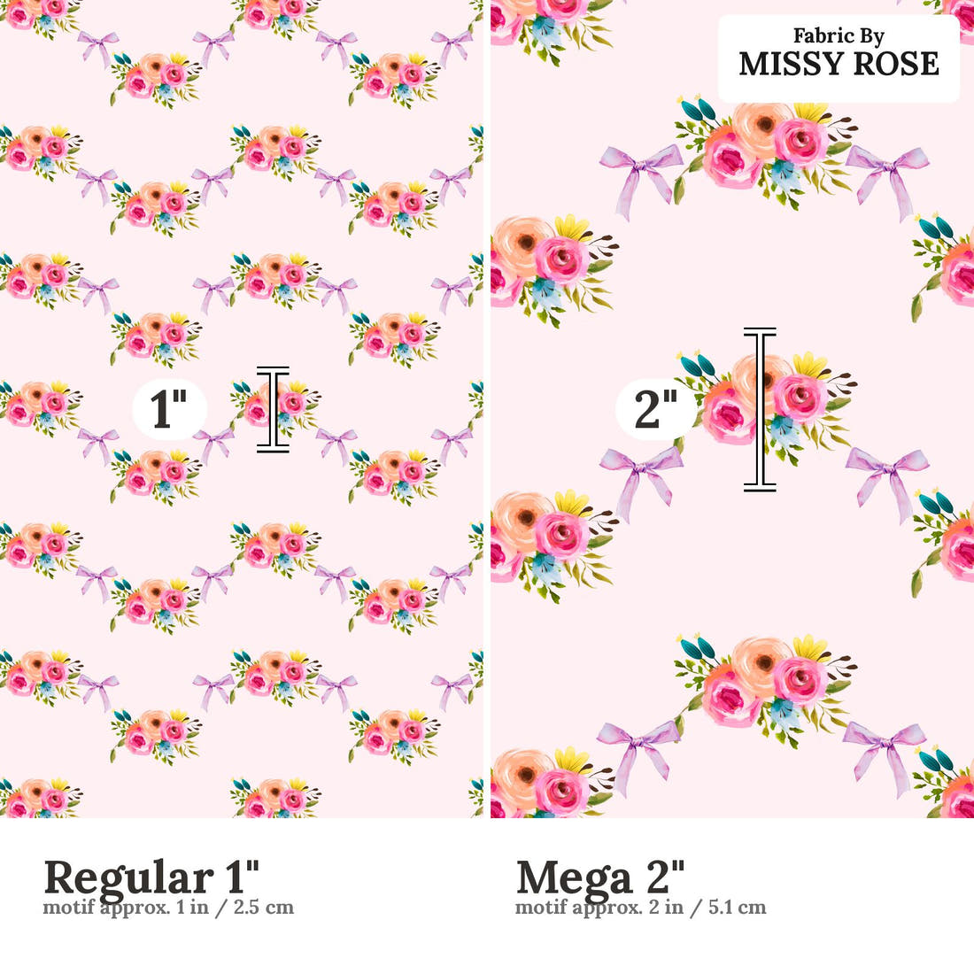 Design 991 Pink Floral Fabric Regular 1 inch vs Mega 2 inch print scale side by side | Fabric by Missy Rose