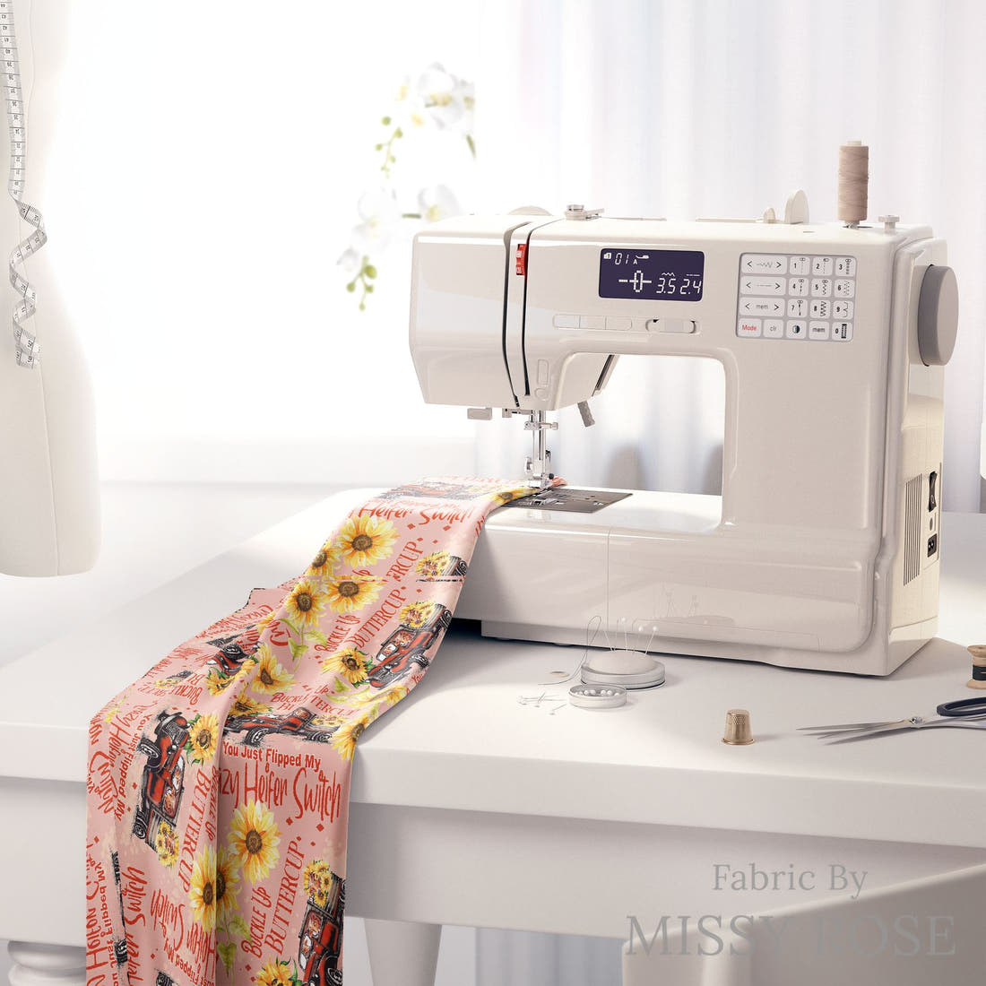 Design 992 Buttercup Fabric on a sewing machine – premium fabric for sewing projects | Fabric by Missy Rose