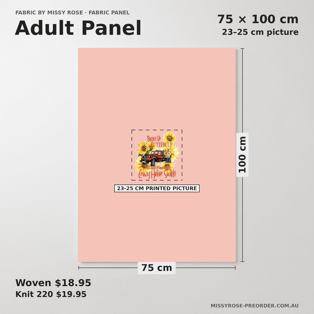 Design 992 Buttercup Panel adult panel sizing – 23–25 cm printed picture on 75 × 100 cm fabric | Fabric by Missy Rose