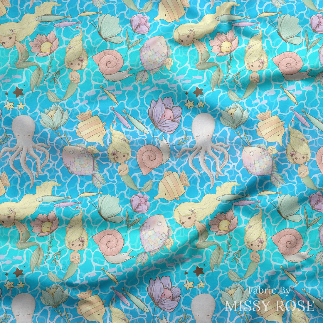 Design 993 Blonde Mermaid Fabric draped fabric mockup – custom printed fabric by the metre | Fabric by Missy Rose