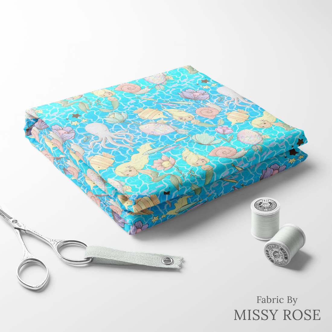 Design 993 Blonde Mermaid Fabric folded fabric stack with matching thread – pre-order fabric Australia | Fabric by Missy Rose