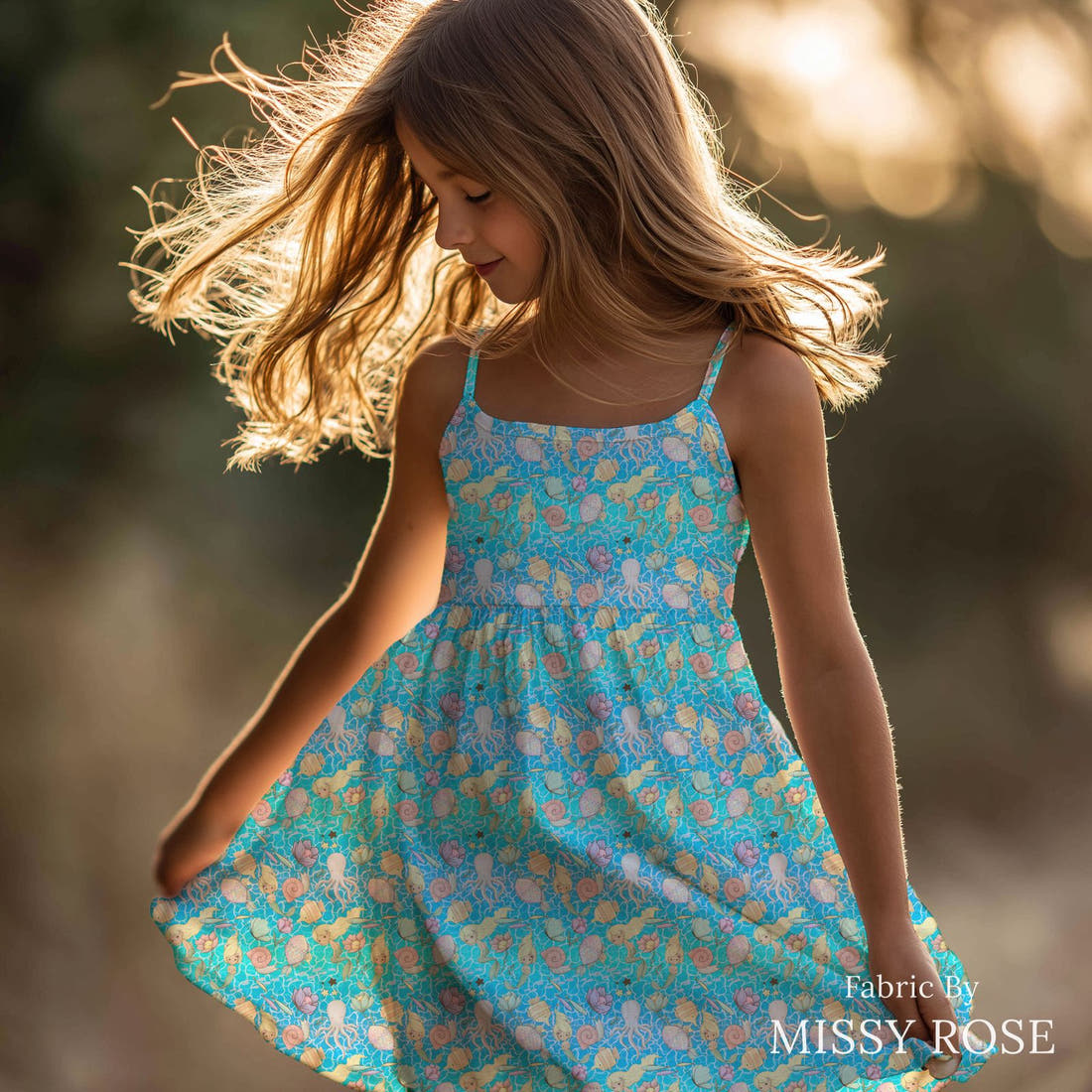 Design 993 Blonde Mermaid Fabric sewn into a girls' dress – see how the print looks made up | Fabric by Missy Rose
