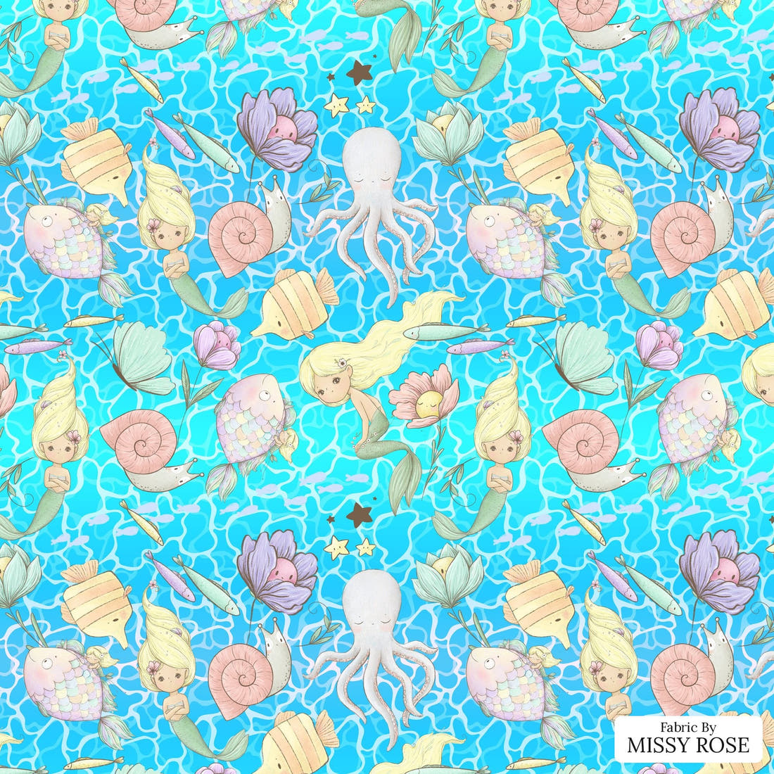 Design 993 Blonde Mermaid Fabric – flat view of the print, zoom in for detail | Fabric by Missy Rose