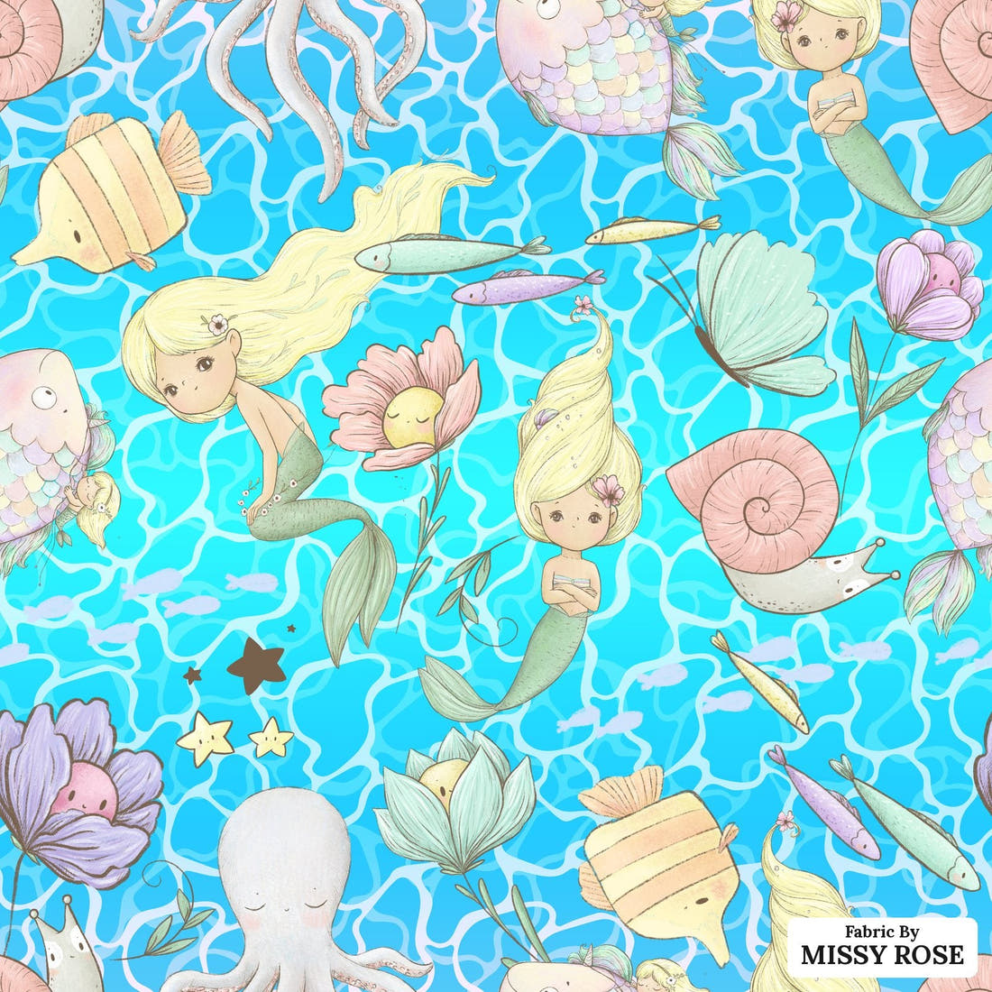 Design 993 Blonde Mermaid Fabric – flat view of the print, zoom in for detail | Fabric by Missy Rose