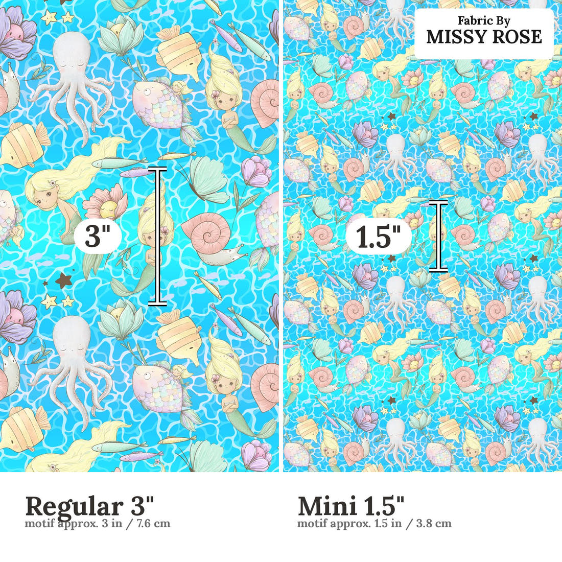 Design 993 Blonde Mermaid Fabric Regular 3 inch vs Mini 1.5 inch print scale side by side | Fabric by Missy Rose