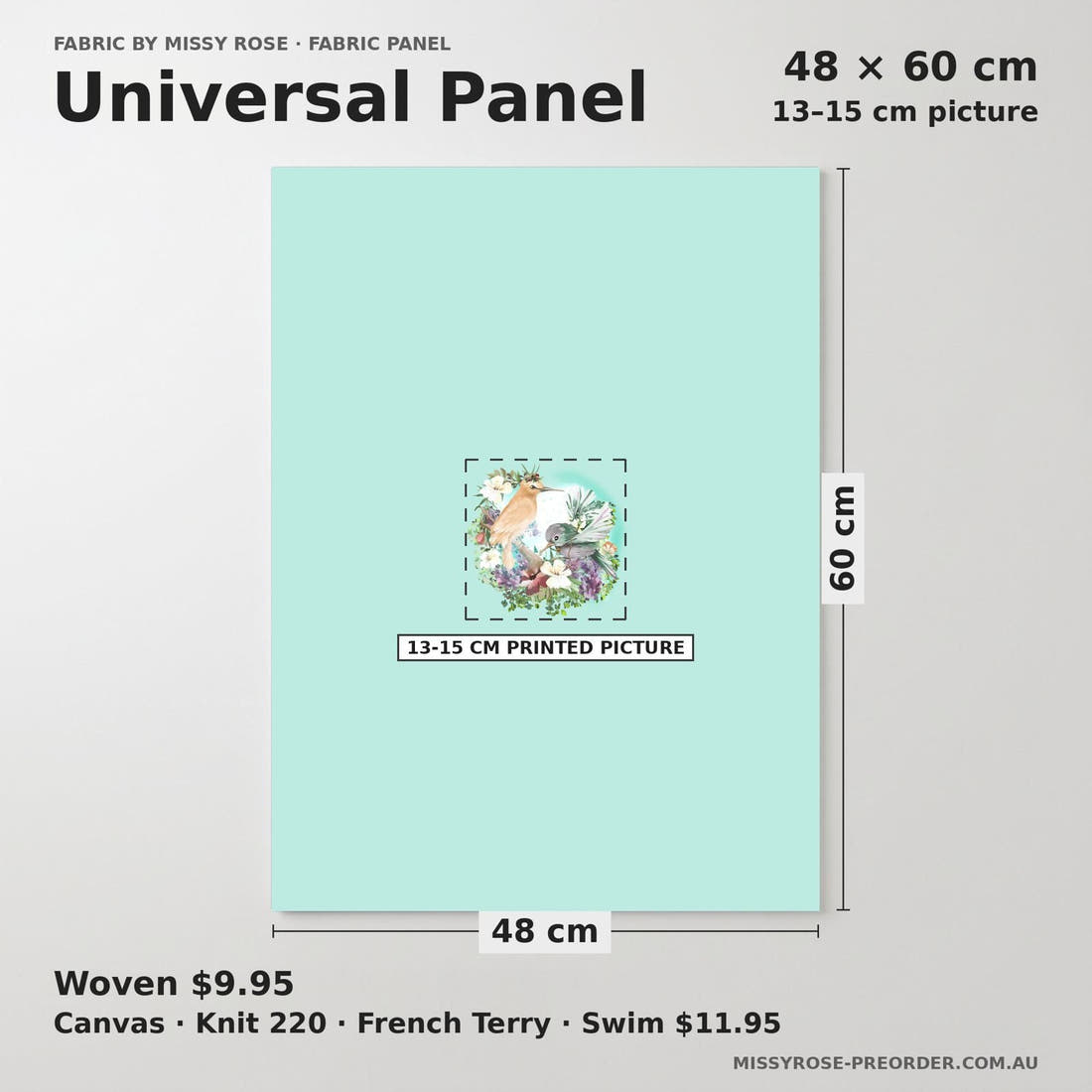 Design 994 Whimsical Birds Panel universal panel sizing – 13–15 cm printed picture on 48 × 60 cm fabric | Fabric by Missy Rose