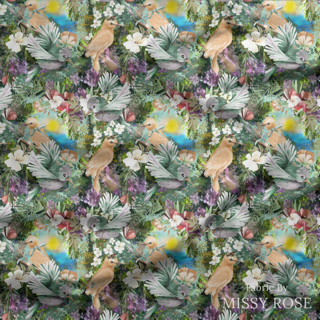 Design 994 Whimsical Birds Fabric draped fabric mockup – custom printed fabric by the metre | Fabric by Missy Rose