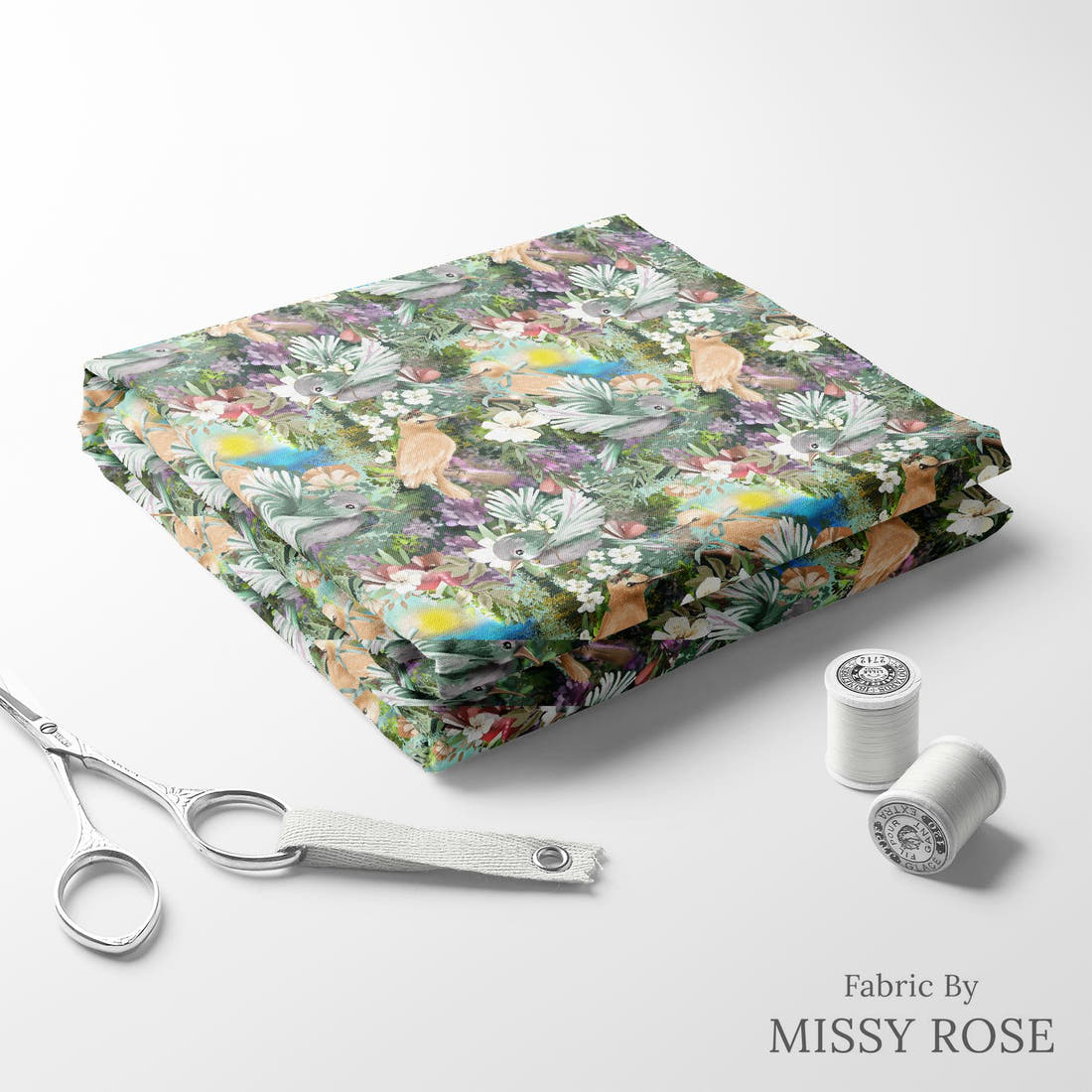 Design 994 Whimsical Birds Fabric folded fabric stack with matching thread – pre-order fabric Australia | Fabric by Missy Rose