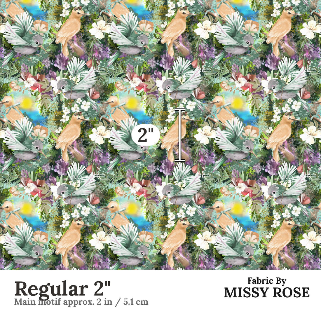 Design 994 Whimsical Birds Fabric Regular 2 inch print scale guide | Fabric by Missy Rose