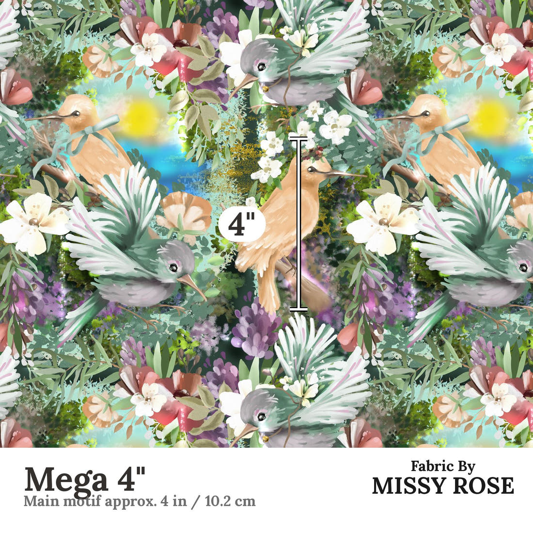Design 994 Whimsical Birds Fabric Mega 4 inch print scale guide | Fabric by Missy Rose