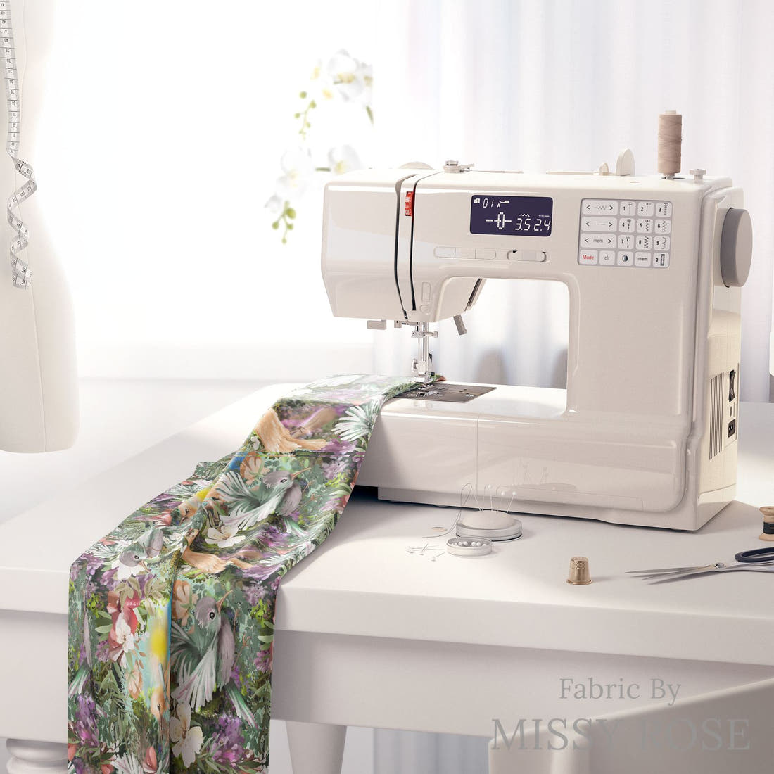 Design 994 Whimsical Birds Fabric on a sewing machine – premium fabric for sewing projects | Fabric by Missy Rose