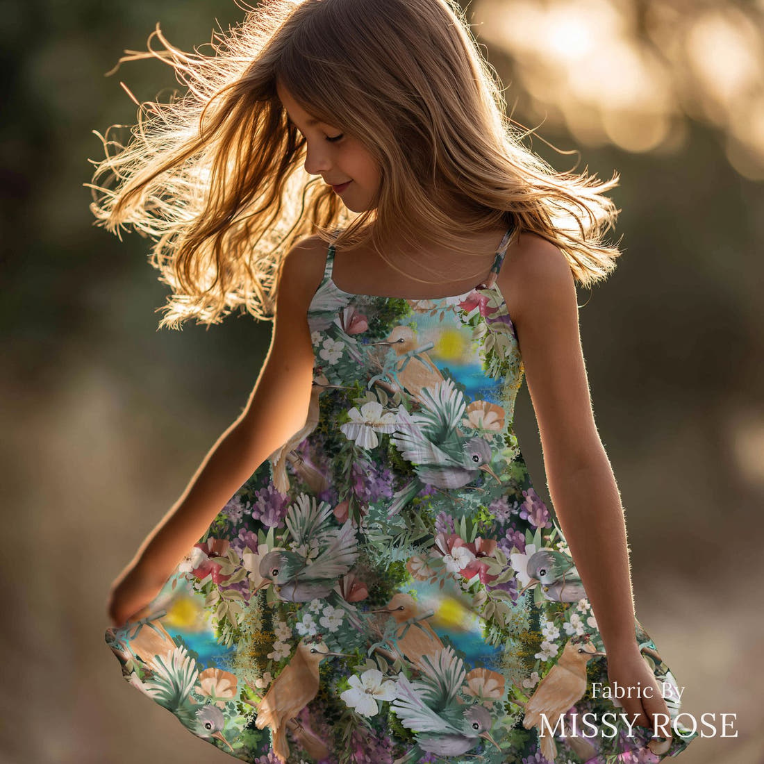 Design 994 Whimsical Birds Fabric sewn into a girls' dress – see how the print looks made up | Fabric by Missy Rose