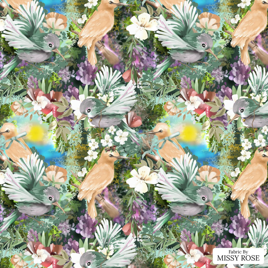 Design 994 Whimsical Birds Fabric – flat view of the print, zoom in for detail | Fabric by Missy Rose