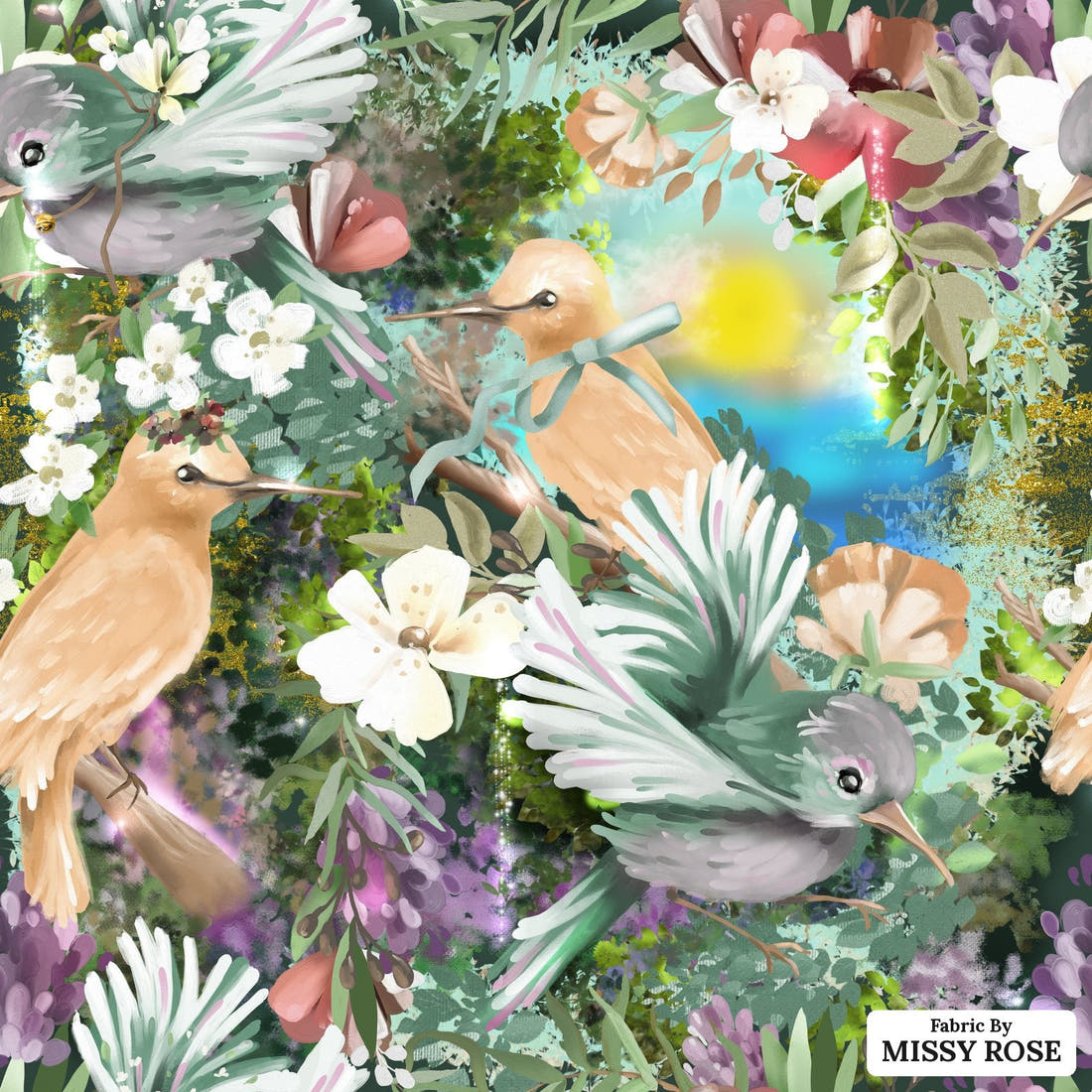 Design 994 Whimsical Birds Fabric – flat view of the print, zoom in for detail | Fabric by Missy Rose