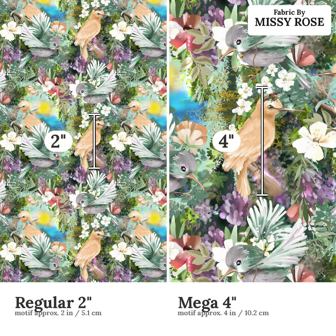 Design 994 Whimsical Birds Fabric Regular 2 inch vs Mega 4 inch print scale side by side | Fabric by Missy Rose