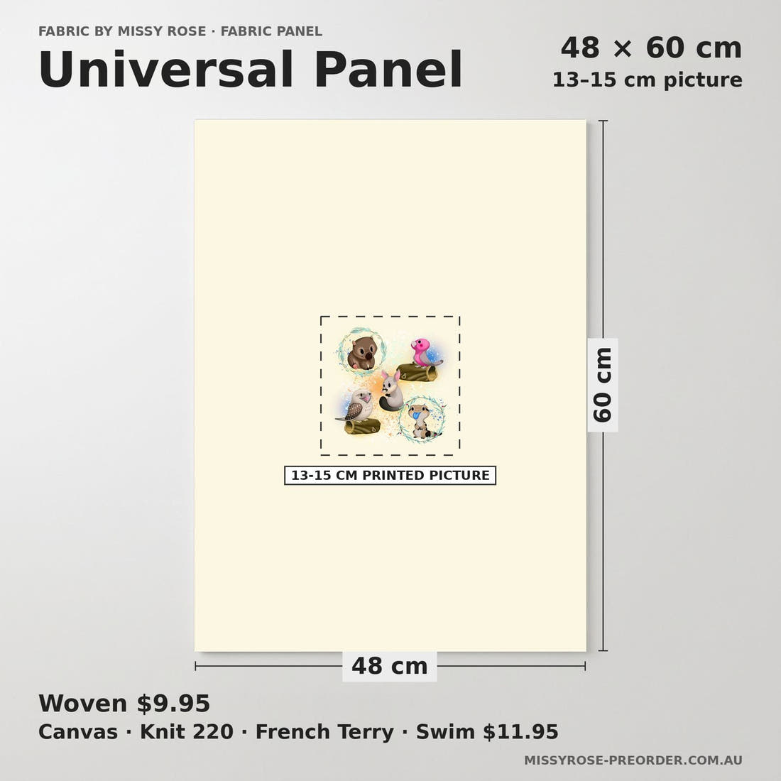 Design 995 Yellow Australian Animals Panel universal panel sizing – 13–15 cm printed picture on 48 × 60 cm fabric | Fabric by Missy Rose