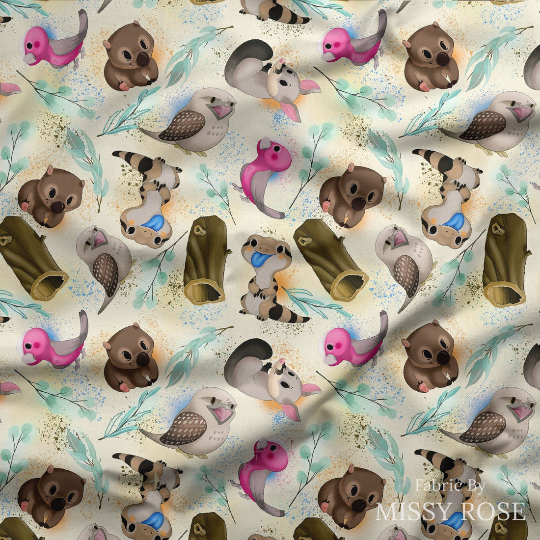 Design 995 Yellow Australian Animals Fabric draped fabric mockup – custom printed fabric by the metre | Fabric by Missy Rose