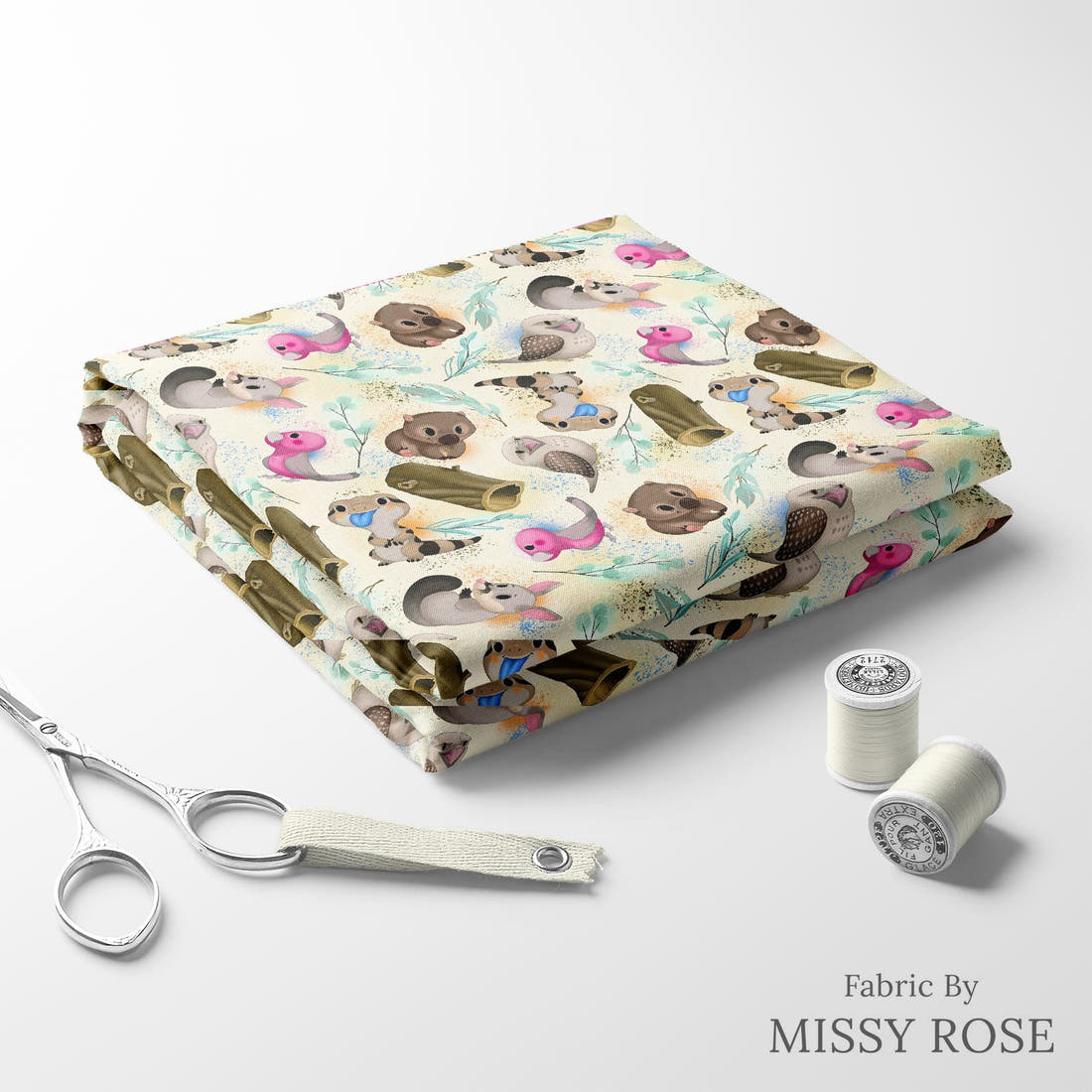 Design 995 Yellow Australian Animals Fabric folded fabric stack with matching thread – pre-order fabric Australia | Fabric by Missy Rose