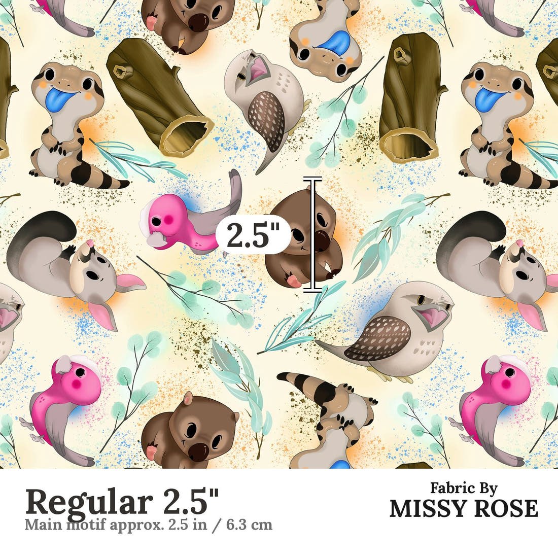 Design 995 Yellow Australian Animals Fabric Regular 2.5 inch print scale guide | Fabric by Missy Rose