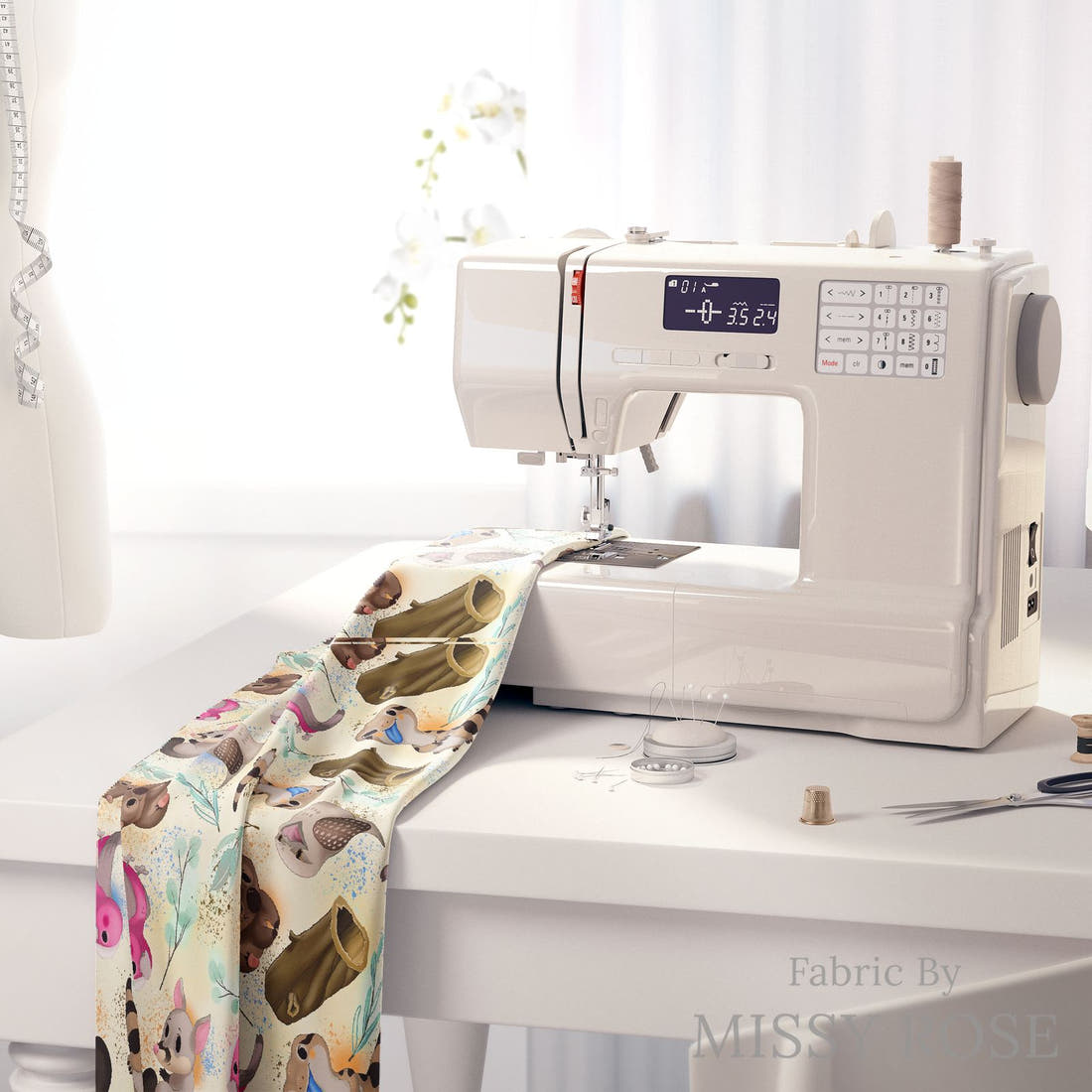 Design 995 Yellow Australian Animals Fabric on a sewing machine – premium fabric for sewing projects | Fabric by Missy Rose