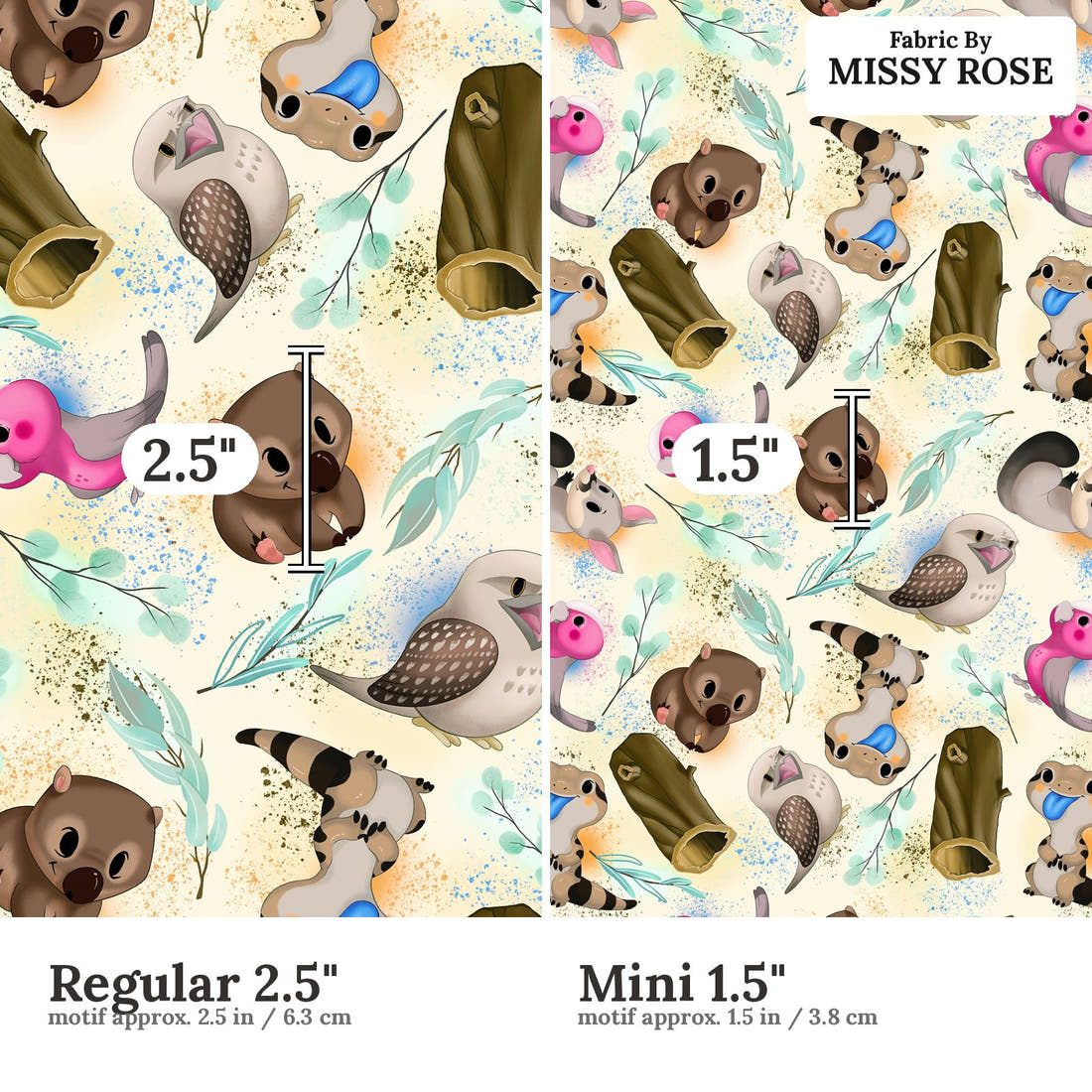 Design 995 Yellow Australian Animals Fabric Regular 2.5 inch vs Mini 1.5 inch print scale side by side | Fabric by Missy Rose
