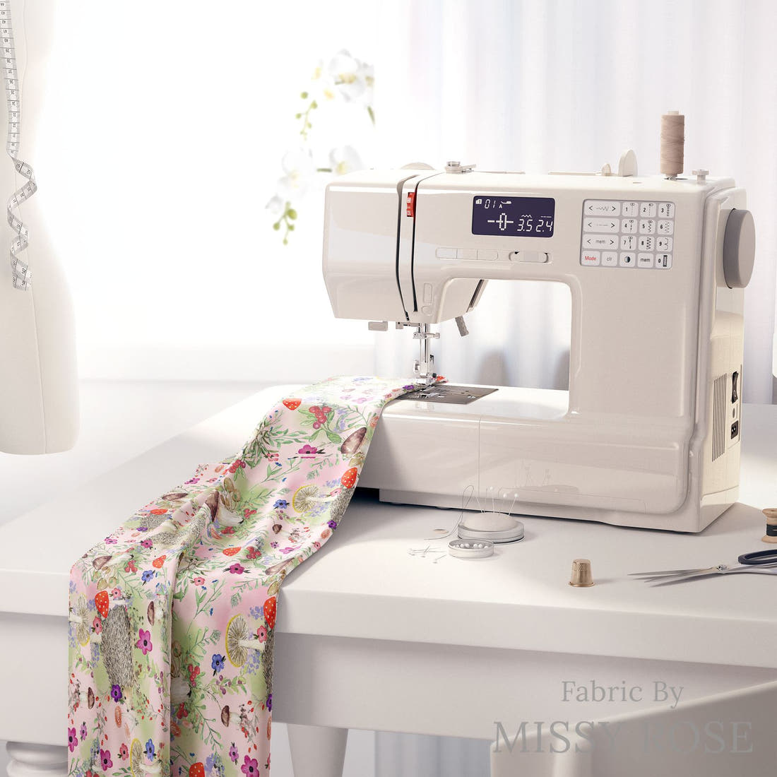 Design 996 Pink Woodlands Fabric on a sewing machine – premium fabric for sewing projects | Fabric by Missy Rose