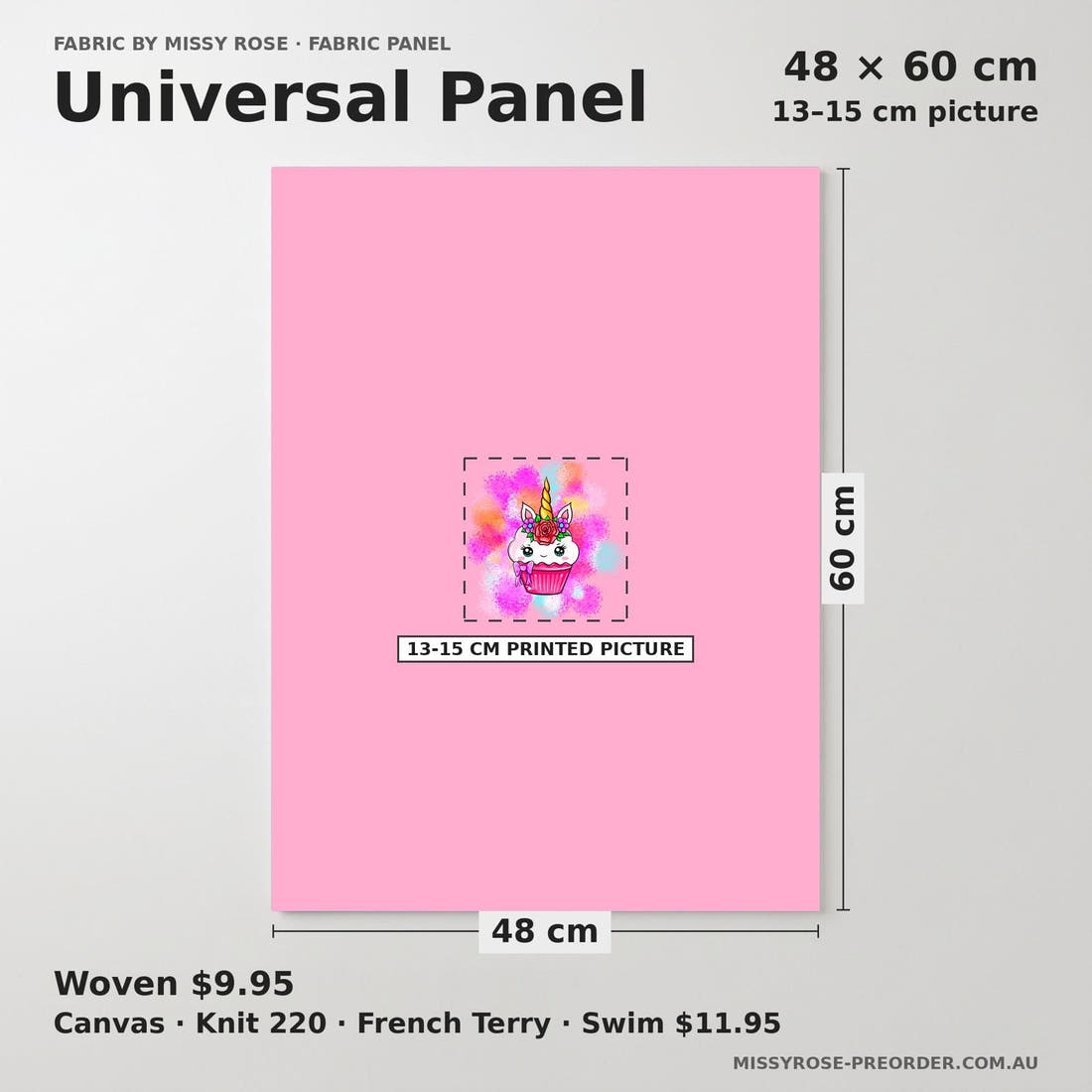 Design 997 Unicorn Cupcake Panel universal panel sizing – 13–15 cm printed picture on 48 × 60 cm fabric | Fabric by Missy Rose