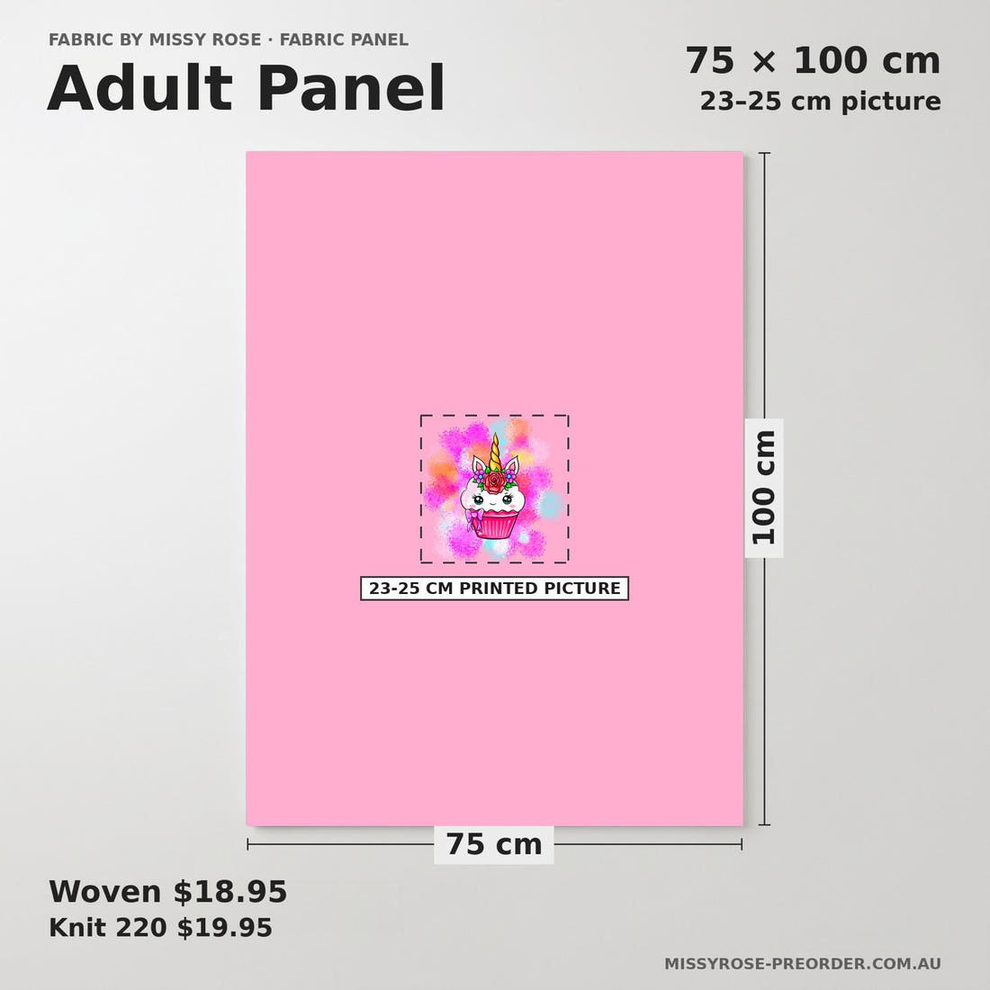 Design 997 Unicorn Cupcake Panel adult panel sizing – 23–25 cm printed picture on 75 × 100 cm fabric | Fabric by Missy Rose