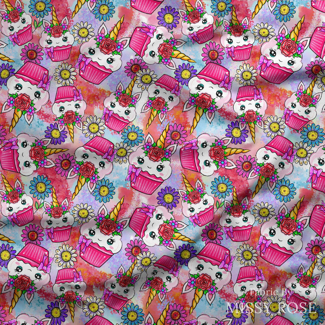 Design 997 Unicorn Cupcake Fabric draped fabric mockup – custom printed fabric by the metre | Fabric by Missy Rose