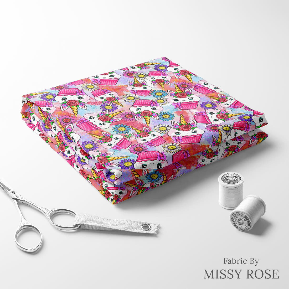 Design 997 Unicorn Cupcake Fabric folded fabric stack with matching thread – pre-order fabric Australia | Fabric by Missy Rose
