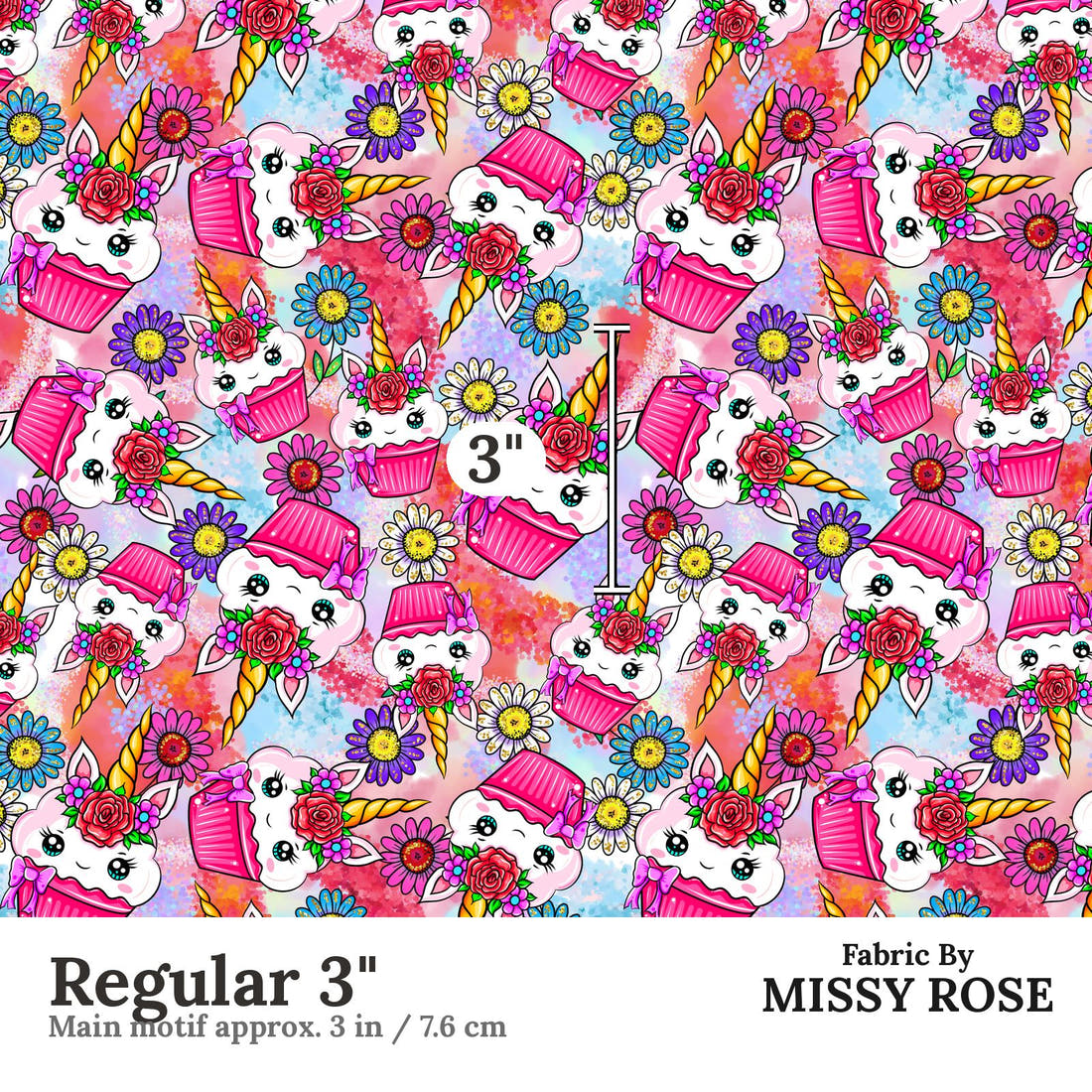 Design 997 Unicorn Cupcake Fabric Regular 3 inch print scale guide | Fabric by Missy Rose