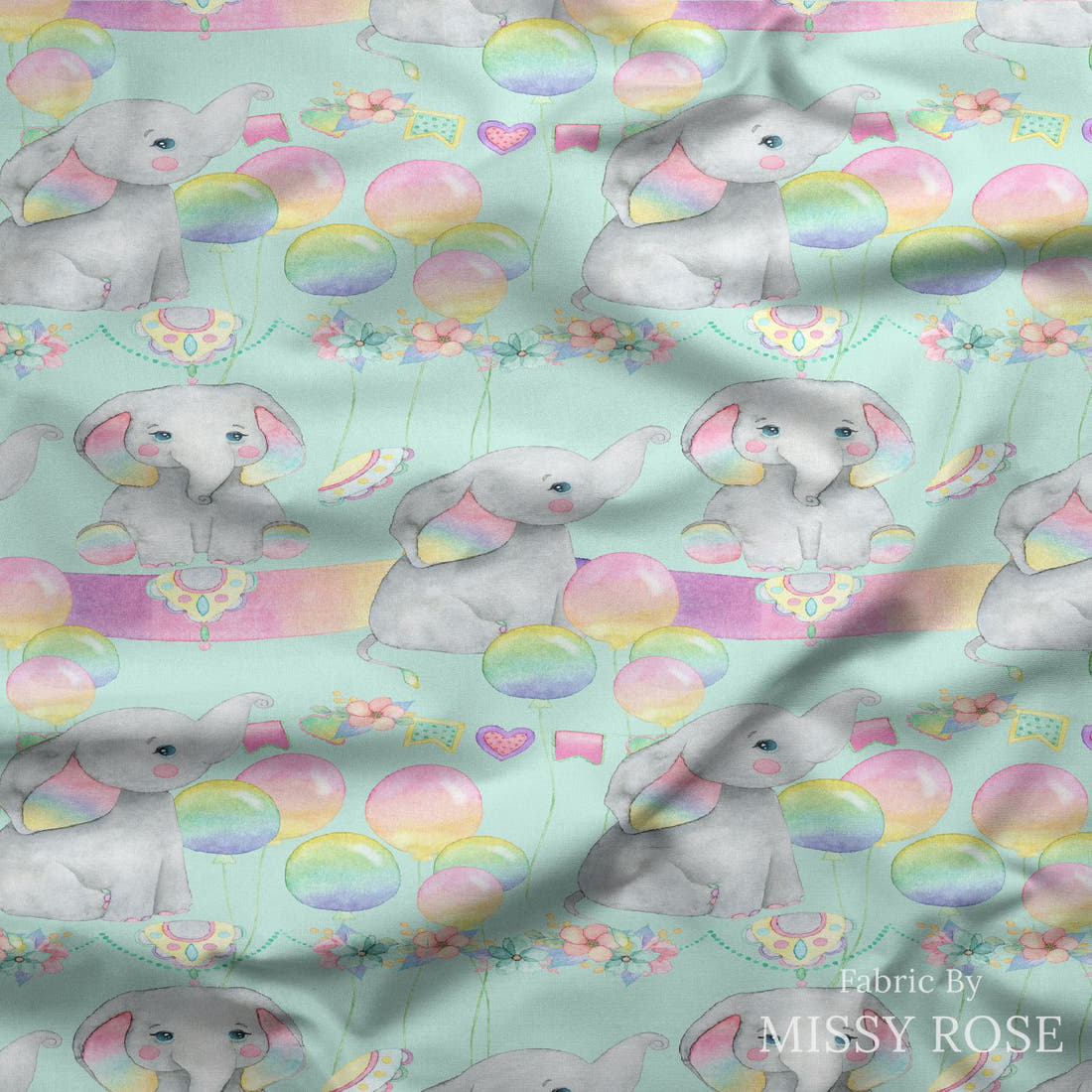 Design 998 Birthday Elephant Fabric draped fabric mockup – custom printed fabric by the metre | Fabric by Missy Rose