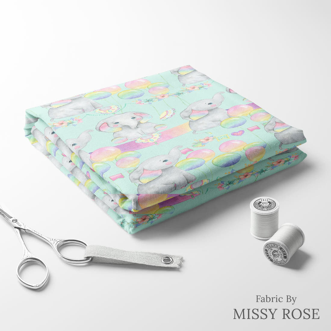 Design 998 Birthday Elephant Fabric folded fabric stack with matching thread – pre-order fabric Australia | Fabric by Missy Rose