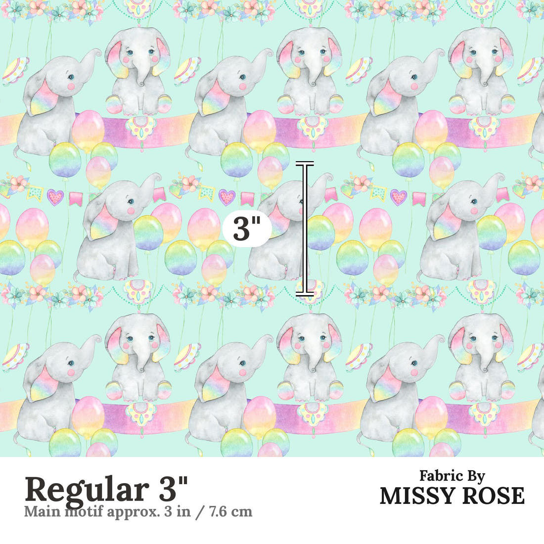 Design 998 Birthday Elephant Fabric Regular 3 inch print scale guide | Fabric by Missy Rose