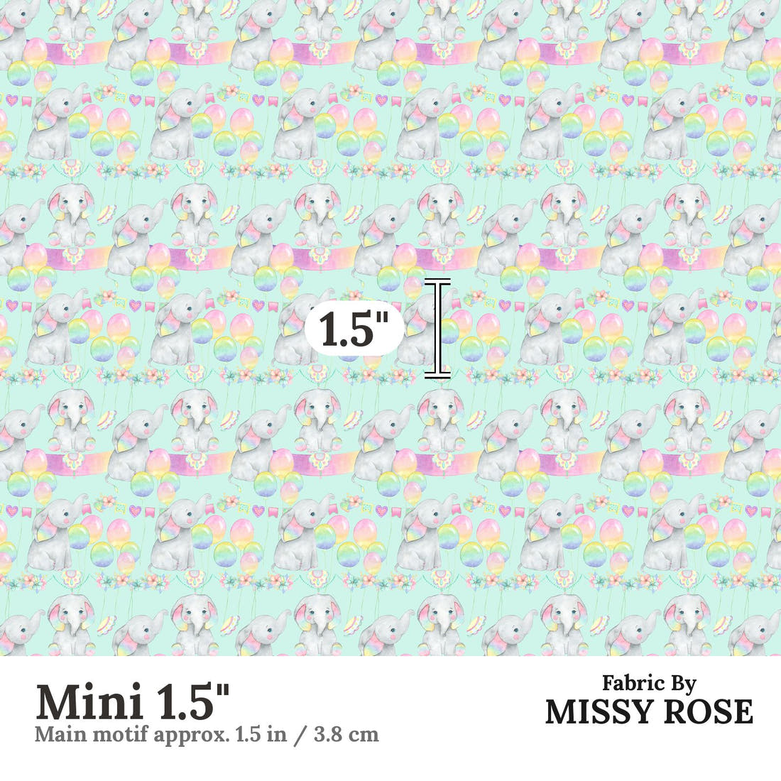 Design 998 Birthday Elephant Fabric Mini 1.5 inch print scale guide | Fabric by Missy Rose