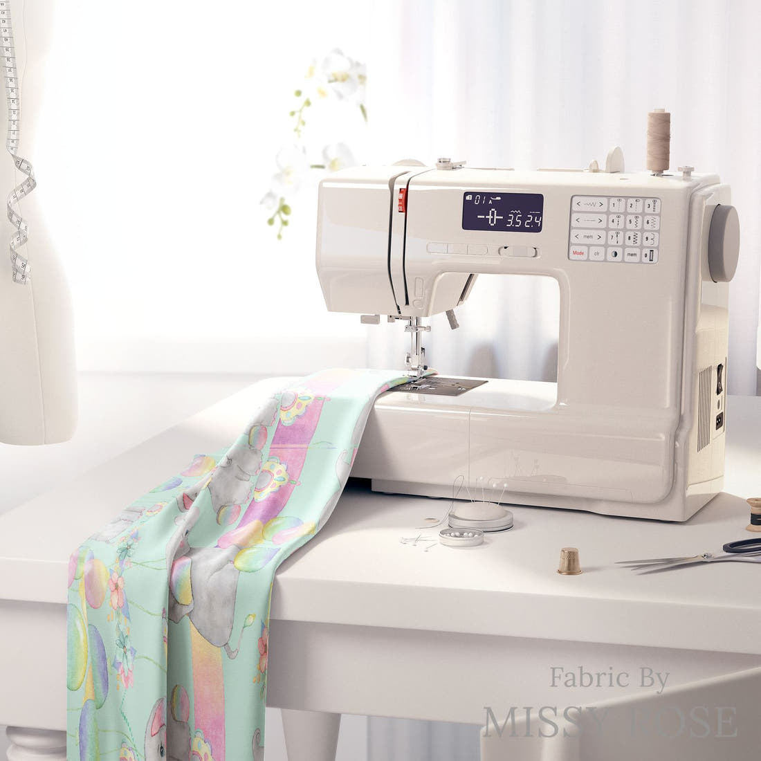 Design 998 Birthday Elephant Fabric on a sewing machine – premium fabric for sewing projects | Fabric by Missy Rose