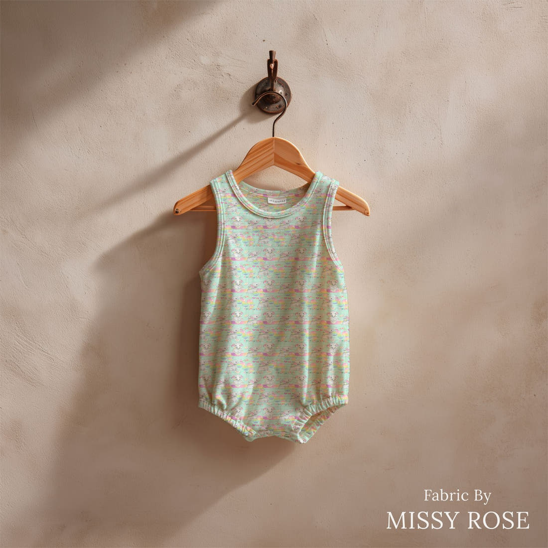 Design 998 Birthday Elephant Fabric sewn into a baby romper – see how the print looks made up | Fabric by Missy Rose