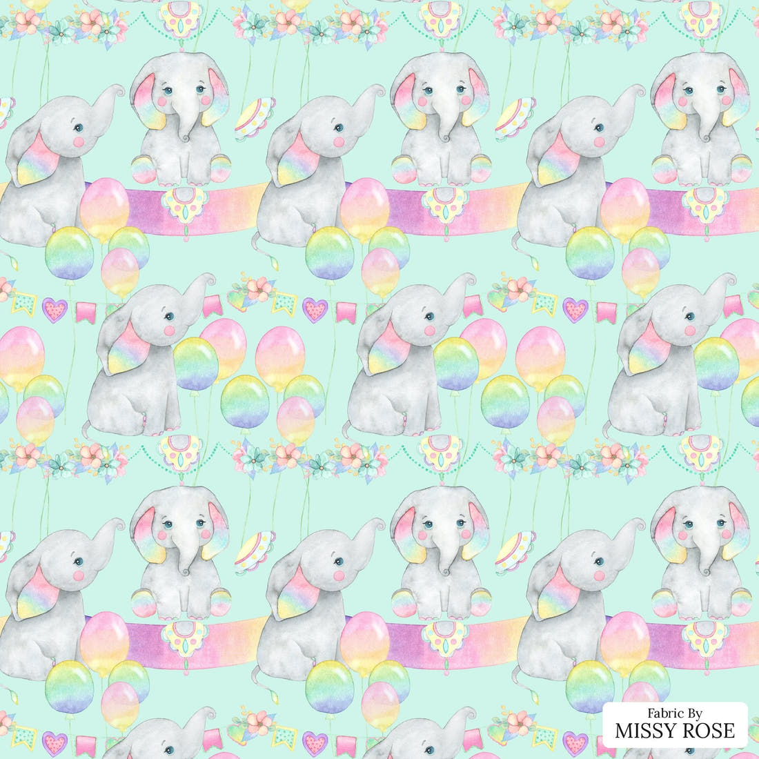 Design 998 Birthday Elephant Fabric – flat view of the print, zoom in for detail | Fabric by Missy Rose