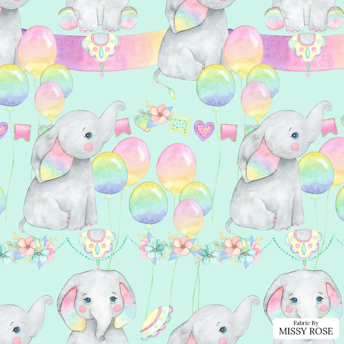 Design 998 Birthday Elephant Fabric – flat view of the print, zoom in for detail | Fabric by Missy Rose