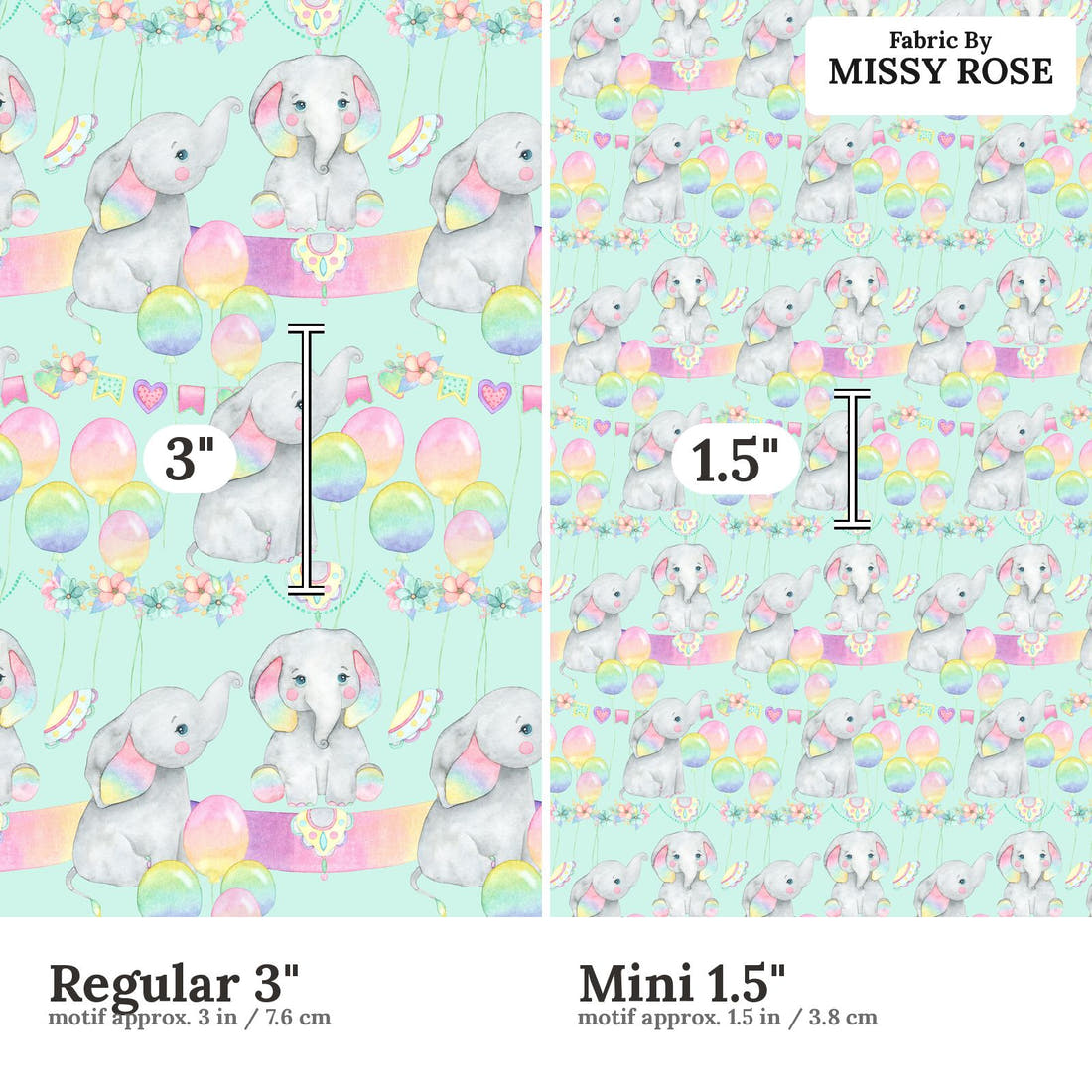 Design 998 Birthday Elephant Fabric Regular 3 inch vs Mini 1.5 inch print scale side by side | Fabric by Missy Rose