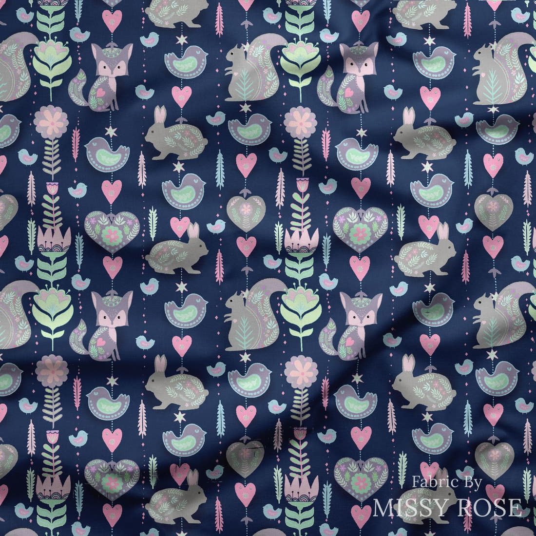 Design 999 Navy Bunny Fabric draped fabric mockup – custom printed fabric by the metre | Fabric by Missy Rose