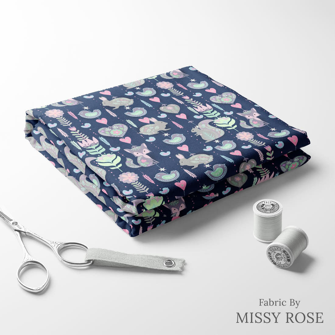 Design 999 Navy Bunny Fabric folded fabric stack with matching thread – pre-order fabric Australia | Fabric by Missy Rose