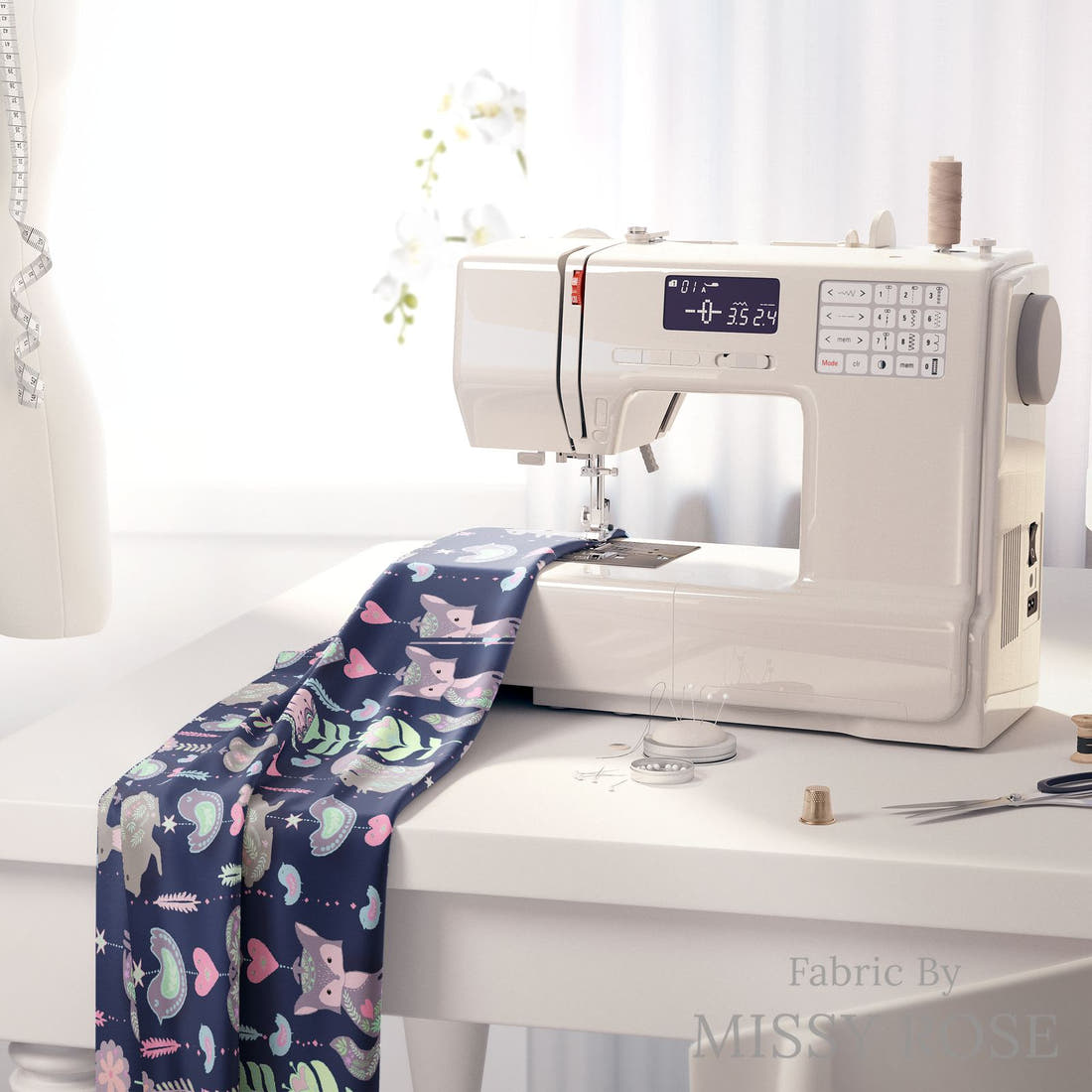 Design 999 Navy Bunny Fabric on a sewing machine – premium fabric for sewing projects | Fabric by Missy Rose