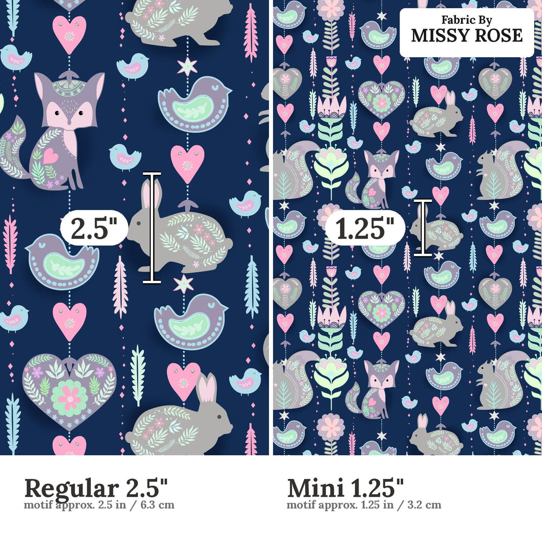 Design 999 Navy Bunny Fabric Regular 2.5 inch vs Mini 1.25 inch print scale side by side | Fabric by Missy Rose