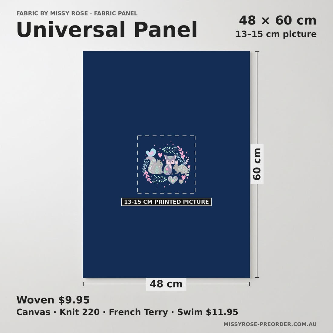 Design 999 Navy Bunny Panel universal panel sizing – 13–15 cm printed picture on 48 × 60 cm fabric | Fabric by Missy Rose