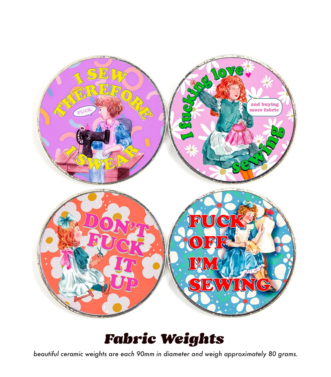 Sewing Pattern Weights Sassy Swears x 4 – set of four ceramic weights that hold patterns flat, no pins needed | Fabric by Missy Rose