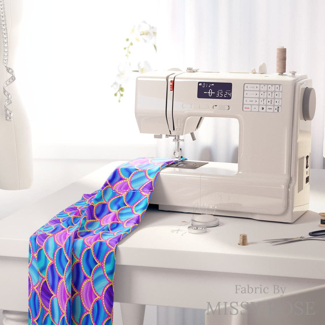 Girl and The Deep Blue Sea 06 fabric on a sewing machine - sew your own | Fabric by Missy Rose