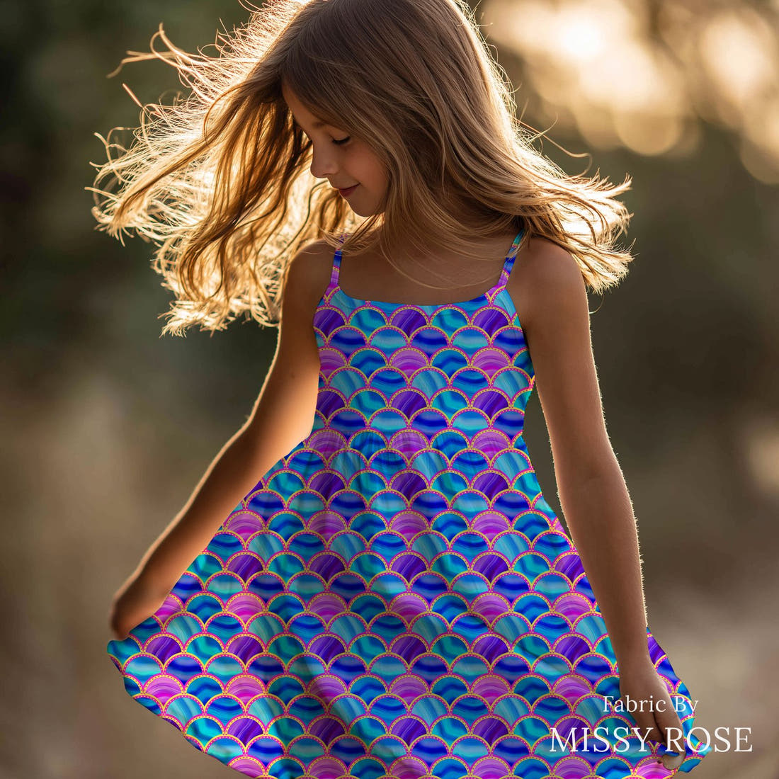 Girl and The Deep Blue Sea 06 sewn into a girls' dress - custom printed fabric | Fabric by Missy Rose